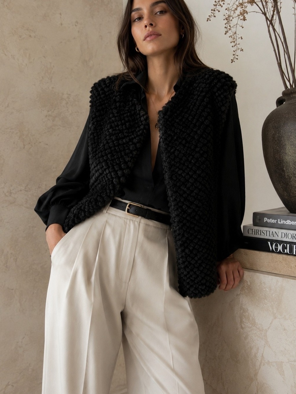 Black Faux Fur Textured Vest One Size Open Front Quiet Luxury Minimalist Layerin